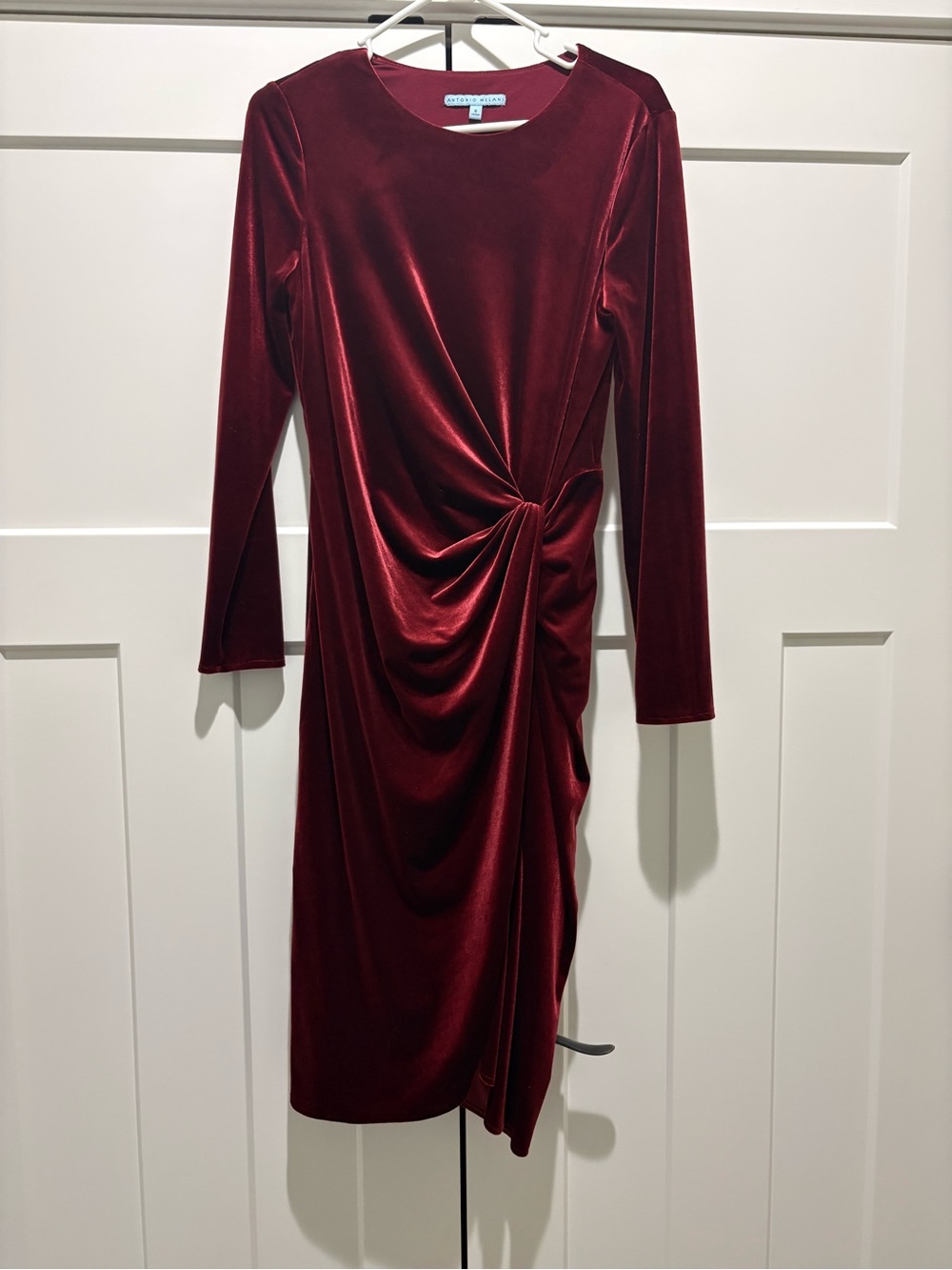Antonio Melani Burgundy Velvet Side-Ruched Long Sleeve Dress